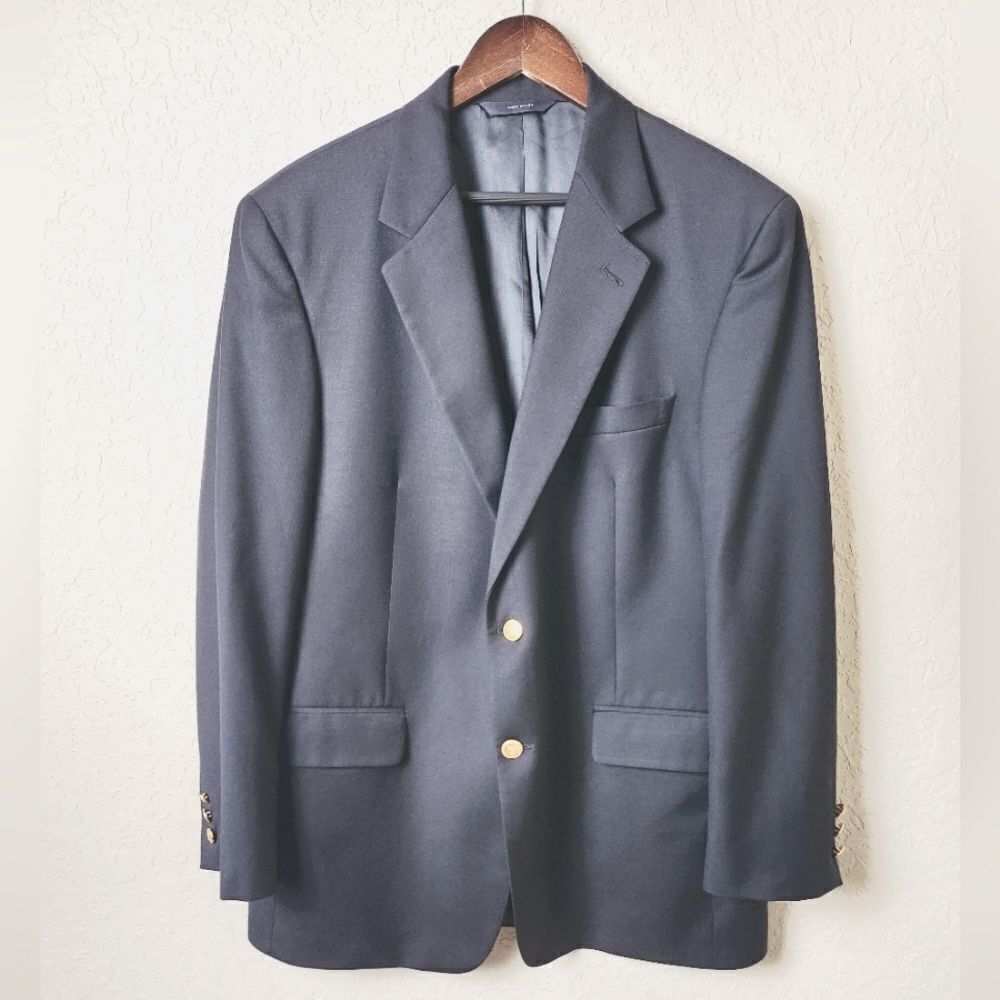 Brooks Brothers Brooksease Wool Blazer Sport Coat Gold Buttons Black 42R Mens